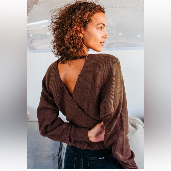 Lulus Sweet and Sophisticated Brown Knit Faux-Wrap Sweater - Picture 2 of 6